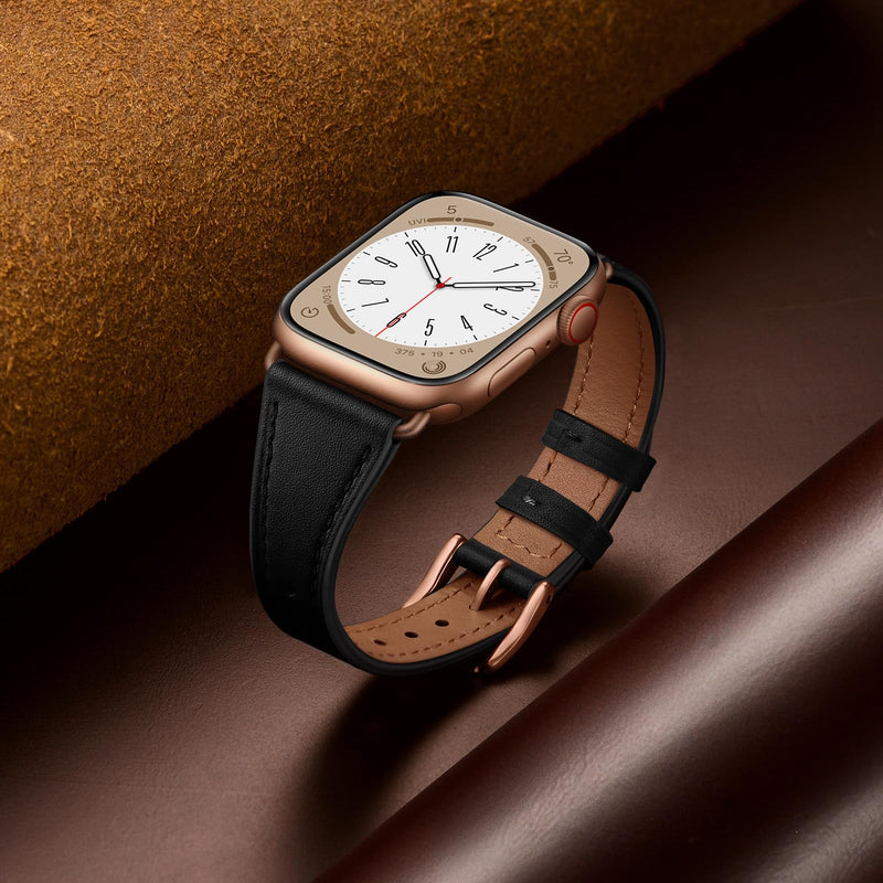 XCCYBTT Slim Leather Bands Compatible with Apple Watch Band 42mm 41mm 40mm 38mm, Genuine Leather Band Strap for iWatch Series 10/9/8/7/6/5/4/3/2/1/SE Women, Black/Rose Gold and Brown/Silver
