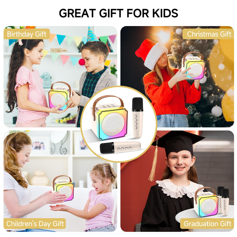 Mini Karaoke Machine for Kids,Portable Bluetooth Karaoke Machine with 2 Wireless Microphones, Kids Karaoke Machine for Birthday Home Party,Gift for Girls Boys（Beige） Beige
