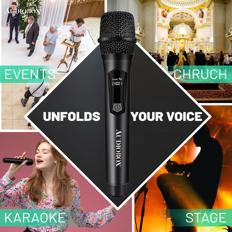 [AUSTRALIA] - Audiobox Wireless Microphone, UHF Metal Dynamic Handheld Multipurpose Mic with Rechargeable Receiver (4hrs), 160ft Range, for Karaoke Machine, Amplifier Speaker, Mixer, Church, PA - Black (2) 2 