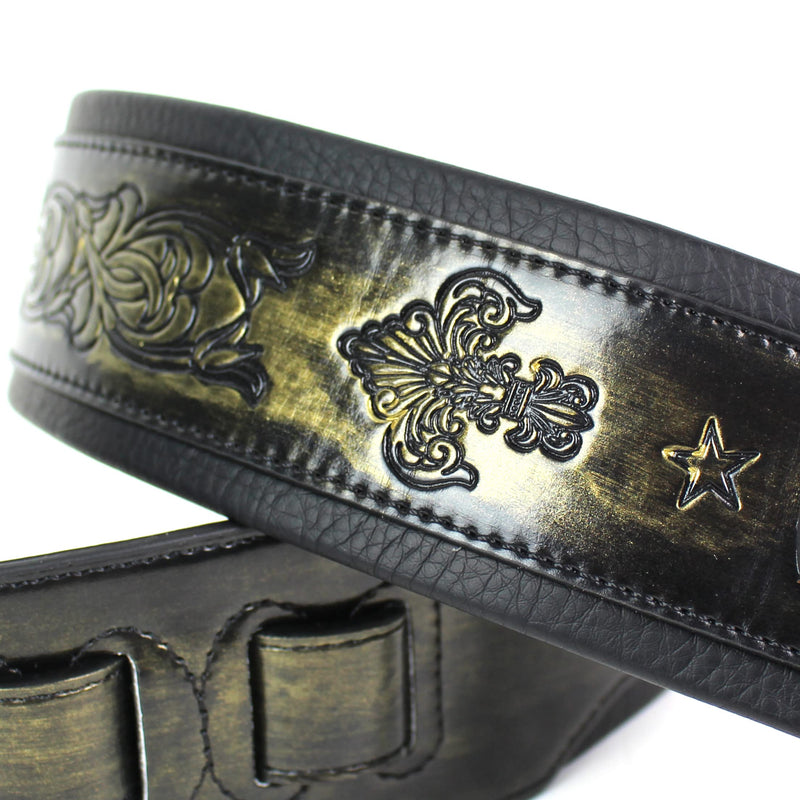 Walker and Williams GB-24 Brushed Gold Padded Guitar Strap with Fleur De Lis & French Chain Design for Acoustic, Electric, and Bass Guitars