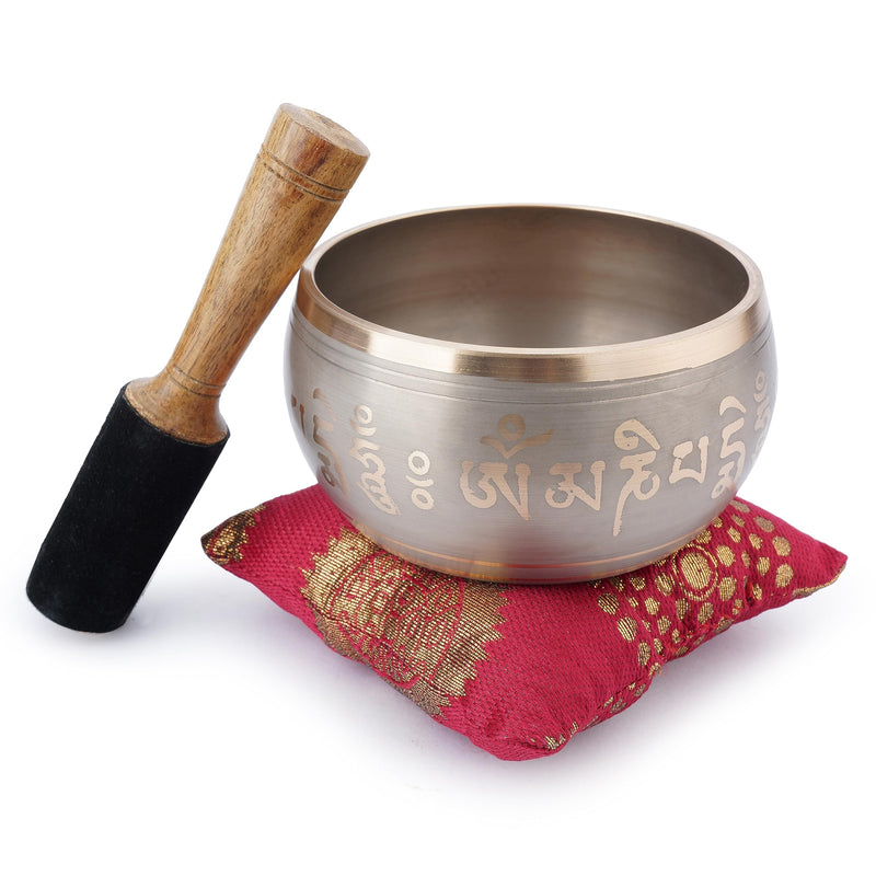 Ajuny Tibetan Singing Bowl Set for Meditation Yoga Chakra Healing Stress Relief Mindfulness Handmade Brass Sound Bowl with Stick and Cushion Unique Spiritual Gifts for Women & Men (Gold Beige) Gold-Beige
