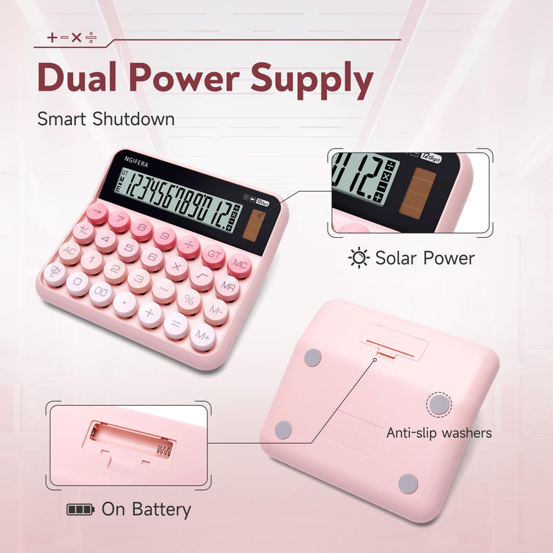 Desktop Calculator, 12 Digit HD Display with% Key | Real Mechanical Switch Keypad with Solar and Battery Dual Power, Great for Office, School, or Home Blush Pink