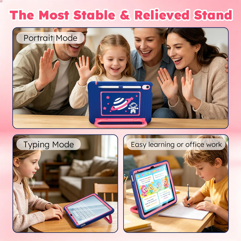 Kids Case for iPad (A16) 11th/10th Generation 10.9"/11" 2025/2022 Release | DJ&RPPQ With Screen Protector, Degree Fold Handle Stand, Shoulder Strap, Pencil Holder for ipad A16 case kids Navy Pink Pink Blue