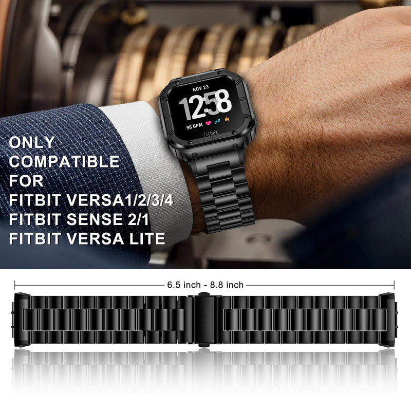 Metal Band Compatible with Fitbit Watch Versa 4/3/2/Lite Sense 2/1 | HASLFM Stainless Steel Strap with Case, Rugged Cover for Men. Black