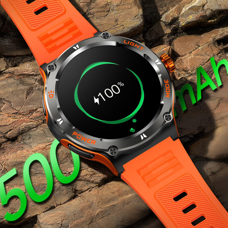 Smart Watch with Compass and Flashlight, Military Activity Tracker for Android iOS（Bluetooth Call Answer/Dial Calls） Rugged Smartwatch AI Voice Assistant/Heart Rate/Blood Pressure Orange