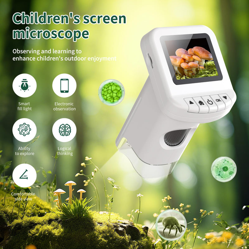 [AUSTRALIA] - 1200X Handheld Portable Microscope for Kids Digital Scope 2.0" Screen Rechargeable STEM Toy Slide Kit Pocket Science Gift for Children Ages 6-12 Students (White) White 