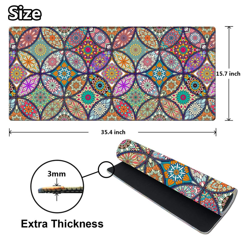 EkuaBot Mandala Large Gaming Mouse Pad (35.4×15.7 in, 3mm Thick), Non-Slip Rubber Base and Reinforced Lock Edges, XXL Extended Mousepad for Work, Game, Desk mat, Desktop Decoration