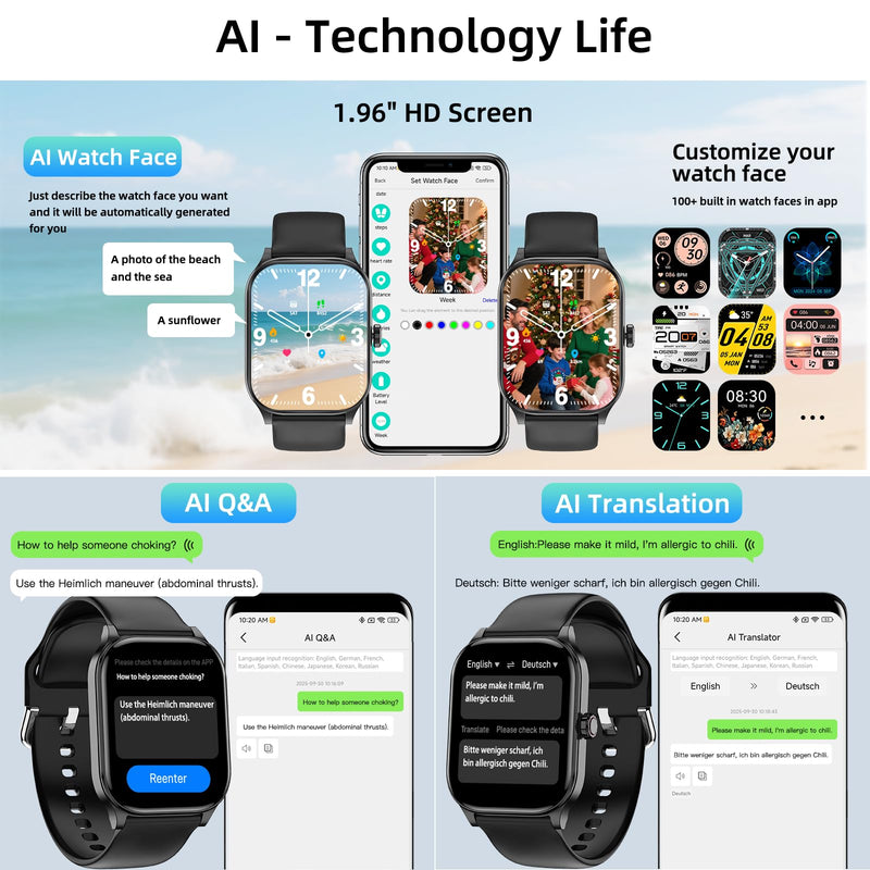 Smart Watch, GPS & Free Maps, 1.96" HD Screen, AI, Bluetooth Call & Text | 24/7 Health, Fitness & Sleep Tracker, 100+ Workout Modes, 5 ATM Water-Resistance, for Men & Women, Android & iOS, 2 Bands Black 1.96"