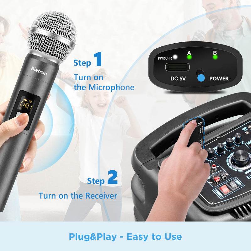 [AUSTRALIA] - Bietrun Wireless Microphone, UHF Dual Handheld Cordless Dynamic Metal Mic Set with Rechargeable Receiver, 1/4'' Plug Output, for Karaoke, Church, Wedding, Party Singing(98 ft Range)(Auto Connect) Battery Microphone-WXM31-2 