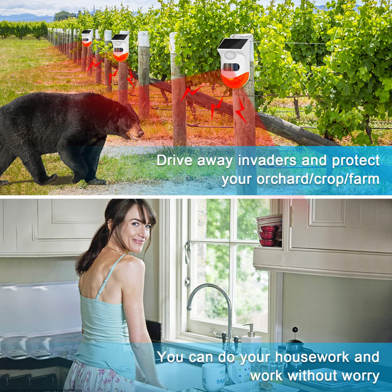 [AUSTRALIA] - ChunHee Solar Motion Sensor Outdoor Alarm,Adjustable Sensitivity Motion Activated Alarm,129db Sound Security Siren Light IP67 Waterproof and 4 Mode for Home,Farm,Barn,Villa,Yard(2 Pack) 2 Light+2 Remote Control 