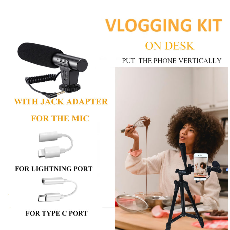 Vlogging kit for iPhone, YouTube Starter Kit, Vlogging Camera kit with RGB Light Extendable Tripod Shotgun Microphone Jack Adapter Remote for iPhone Samsung Phone Camera Total height 20IN to 50IN