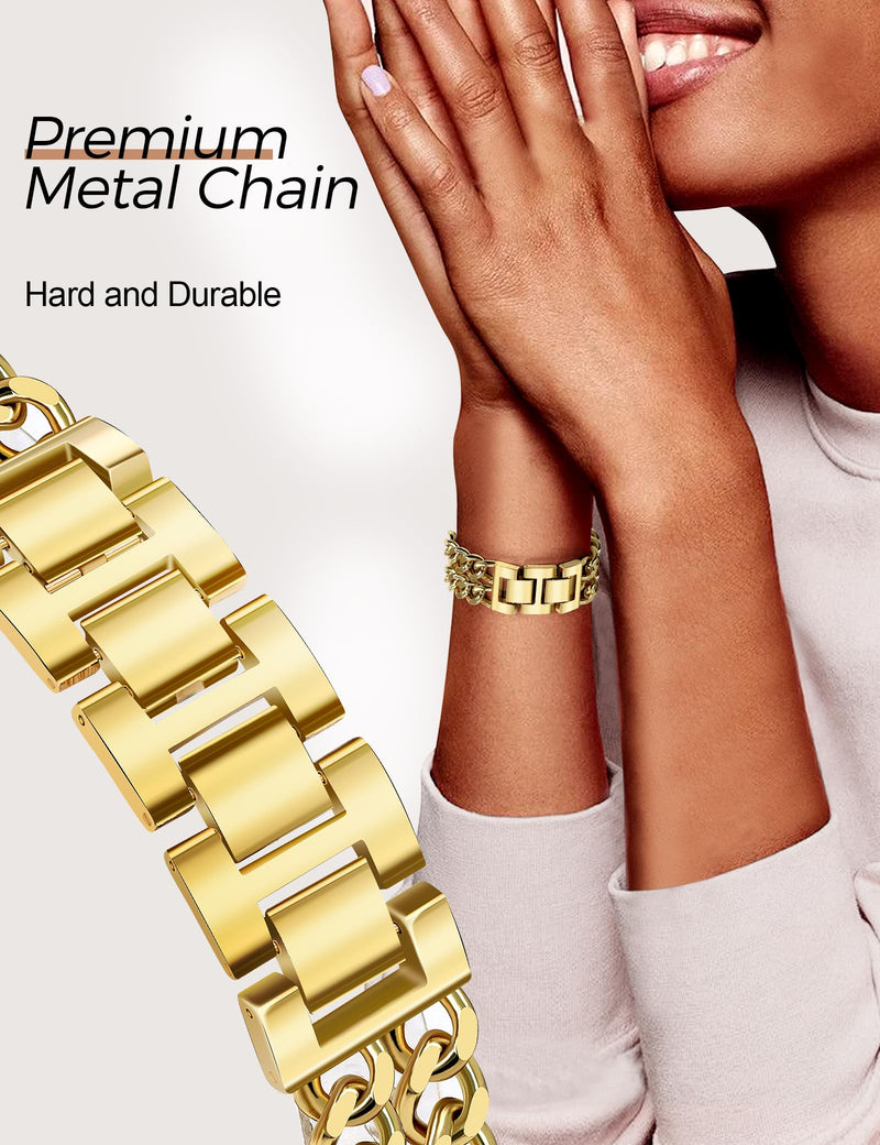 JR.DM Gold Double Chain Band Trangle Stainless Steel Watch Band Bundle Compatible with Apple Watch 38mm 40mm 41mm 42mm 44mm 46mm 45mm 49mm for iWatch Series 11/10/9/8/7/6/5/4/3/2/1/SE/Ultra