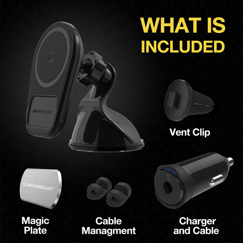 Scosche MQ5WDV-1 MagicMount Pro Charge5 Window/Dash/Vent 15W Magnetic, Qi-Certified, Wireless Charging Phone Mount, Cell Phone Holder for Car Compatible with MagSafe, iPhone, Galaxy and Qi Devices Window / Dash / Vent