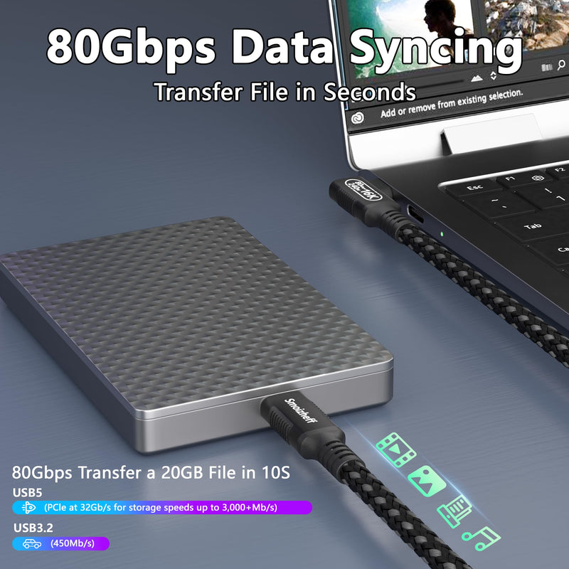 10ft/3m USB5 Cable with 90 Degree Right Angle,for Thunderbolt 5/4,Nylon Braided USB C Cable,80Gbps Data Transfer, Coaxial Structure for 8K@120Hz/16K@60Hz Video,240W Fast Charging Cord 10ft/3m