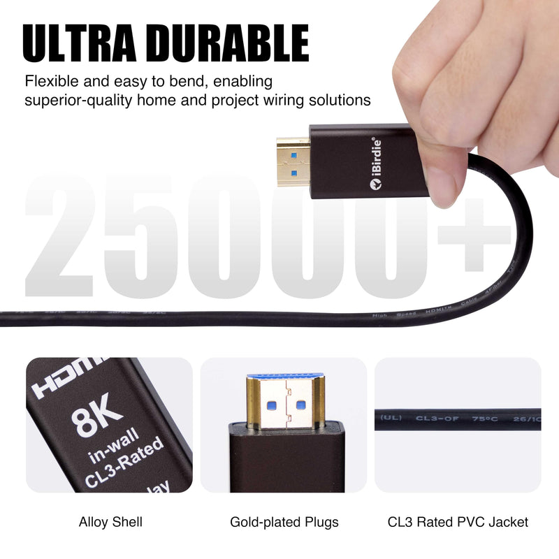 iBirdie 8K Fiber Optic HDMI Cable 50 Feet 16 Meter, in-Wall CL3 Rated | Active, Unidirectional, Work on 8K 60hz, 4K 120hz, 48 Gbps, HDCP 2.3 2.1, Compatible for Apple-TV PS5 Xbox 4080 5070