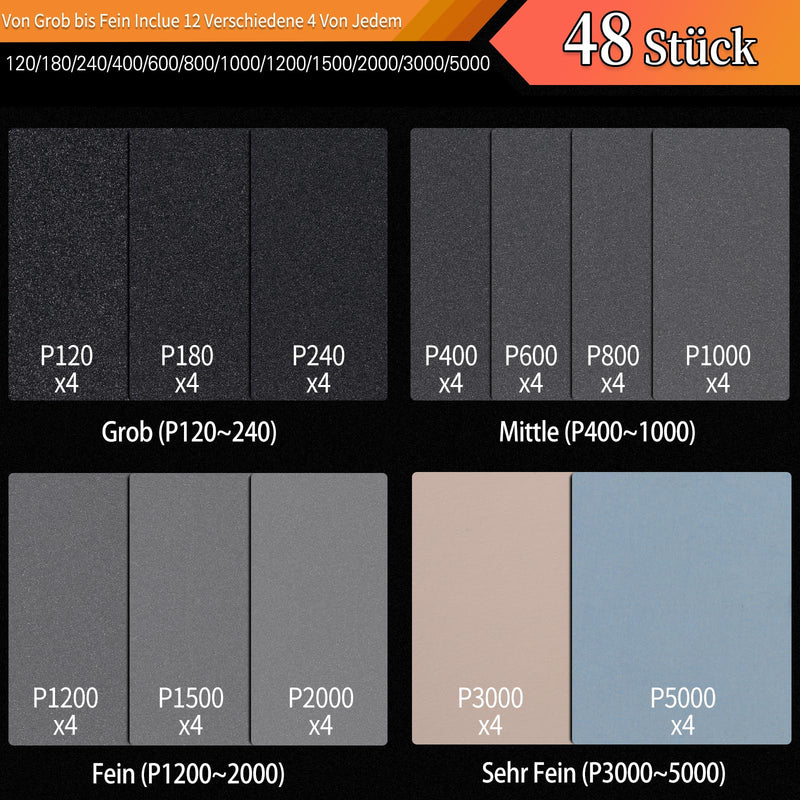 ALPXUXP Sandpaper Set of 48 Wet and Dry Professional Water Emery Paper for Car, Metal, Wooden Furniture, Stone, Varnish, Glass, Grit 120/180/240/400/600/800/1000/1200/1500/2000/3000/5000, 23 x 9 cm (120 to 5000) 48 pieces