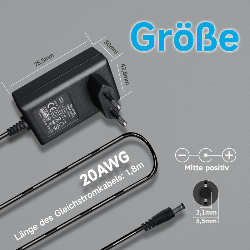12V 2A/2000mA Power Supply Adapter, AC 100-240V 50/60Hz to DC 12V 2A/2000mA 24W, 5.5 x 2.1mm Wall Charger, Middle Positive, 1.8m Long 20AWG Cable for Stable and Flexible Use 12V-2A