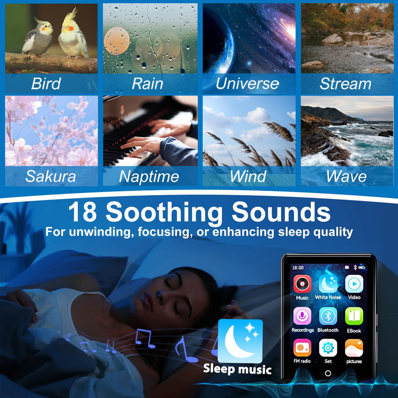 64GB MP3 Player with Bluetooth 5.3, 2.8-inch Touchscreen, Speaker, 18 Soothing Sounds Built-in, Shuffle Repeat Portable Music Player with FM Radio, Voice Recorder, Support 128GB Micro SD Card Black