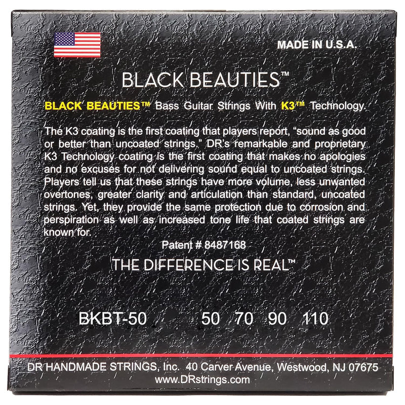 DR Strings Bass Guitar Strings, Black Beauties - Black Coated, 50-110 (BKBT-50) 4-String(50-110)