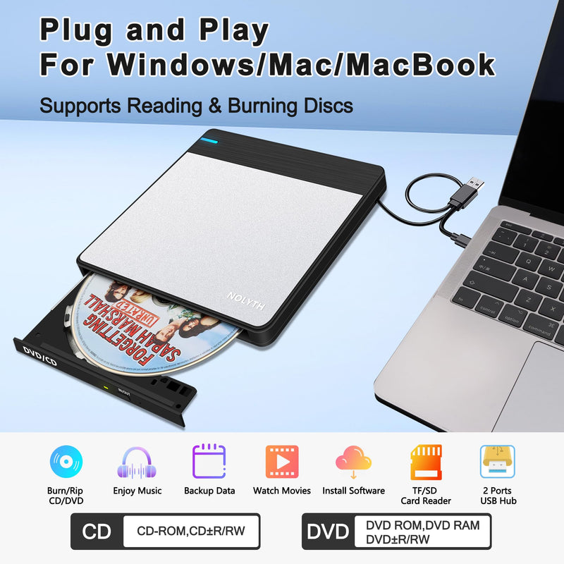 External CD Drive for Laptop: DVD Player for Mac Windows Plug & Play | External CD DVD Drive for Mac PC MacBook Windows 11, Slim USB Burner for Laptop with SD/TF/2 USB Ports, High-Speed Read Write Black Silver