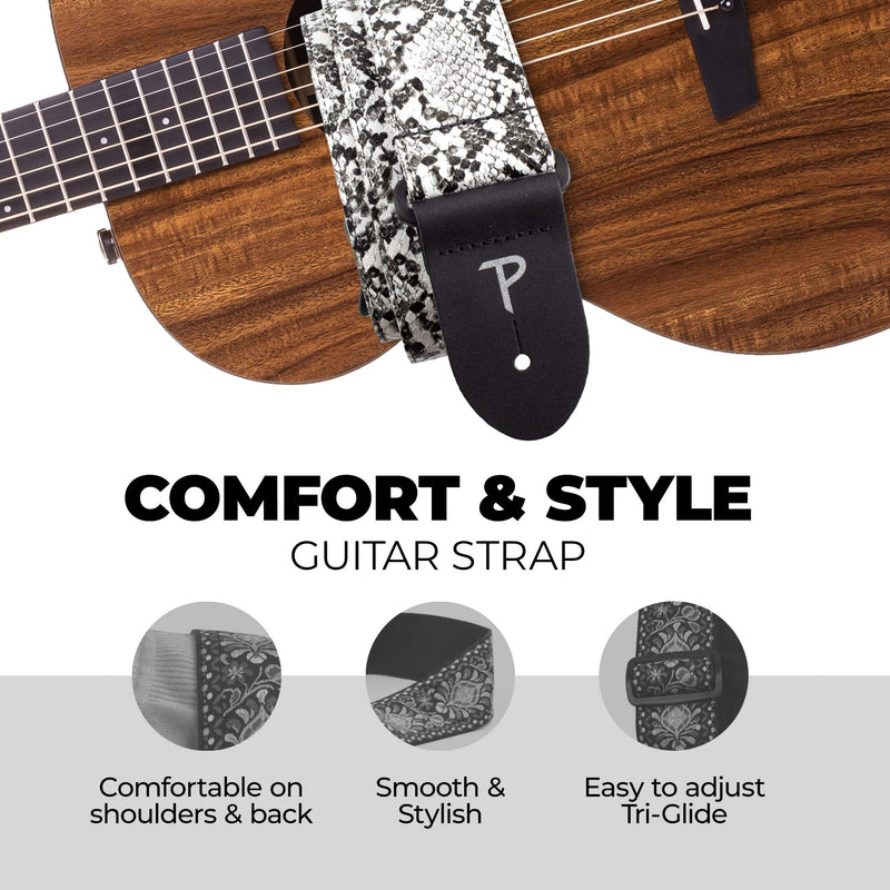 Perri’s Leathers Faux Snake Skin Guitar Straps, 39" - 58", White, Jacquard Patterned, Adjustable Length, Leather Ends, Non-Slip & Durable, Electric, Bass, Acoustic Guitar Strap 39" to 58"