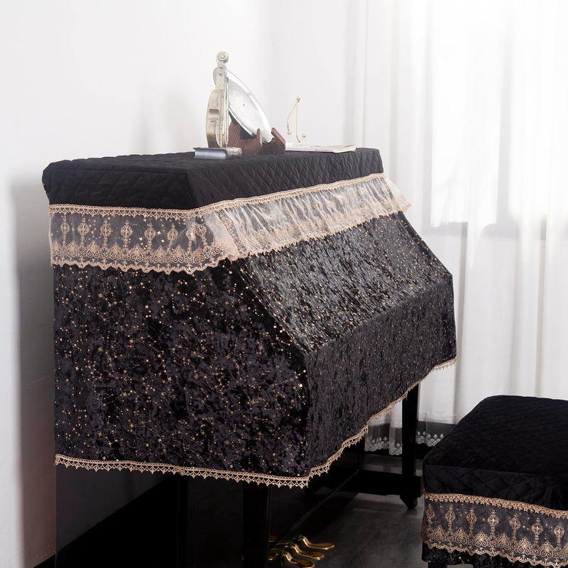 Luxury Velvet Piano Cover for Upright Pianos, Black with Gold Stars and Lace Trim, Quilted Top