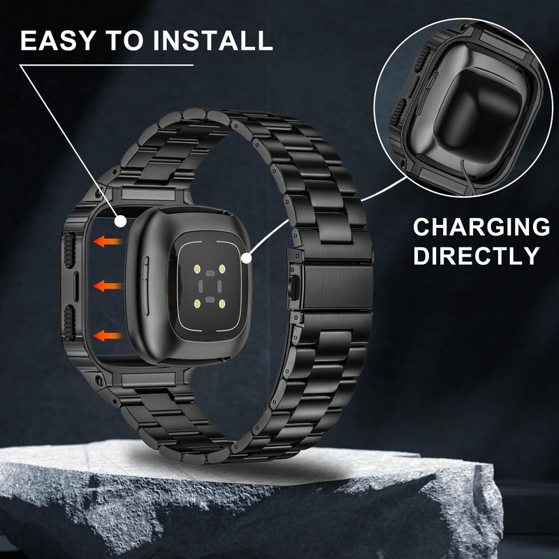 Metal Band Compatible with Fitbit Watch Versa 4/3/2/Lite Sense 2/1 | HASLFM Stainless Steel Strap with Case, Rugged Cover for Men. Black