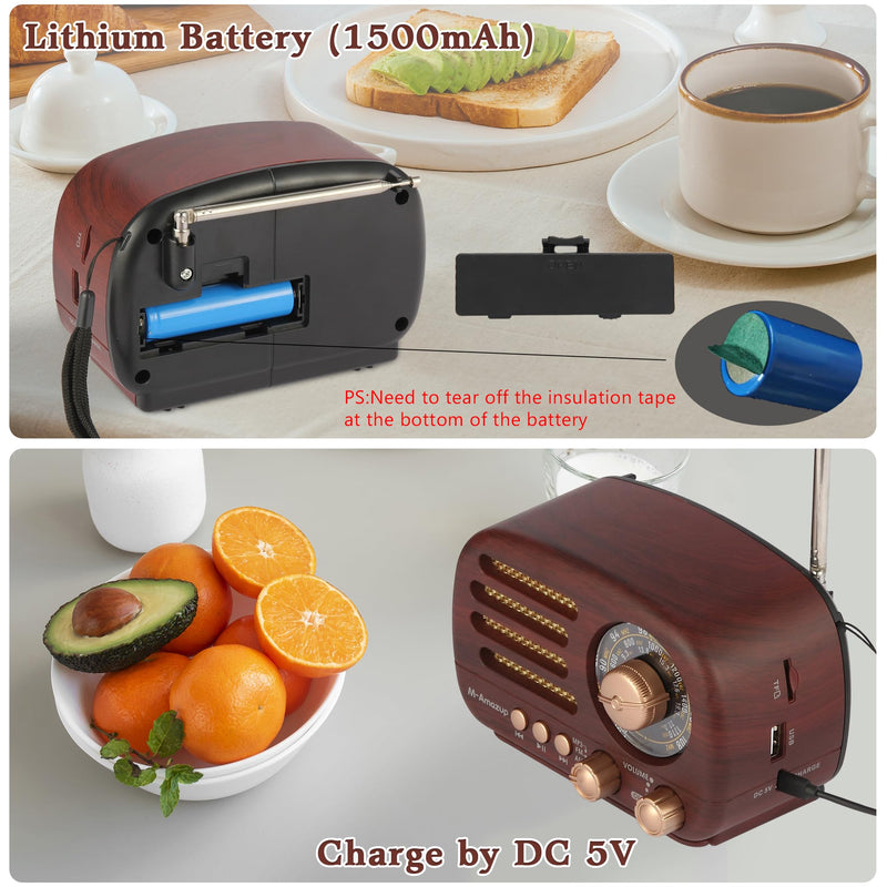 Radios Portable AM FM SW, Retro Radio with Speaker, Transistor Radio Bluetooth 5.3, Rechargeable Battery Powered, TWS, Support TF Card/MP3/USB Playing, Gifts for Senior, Dark Wood
