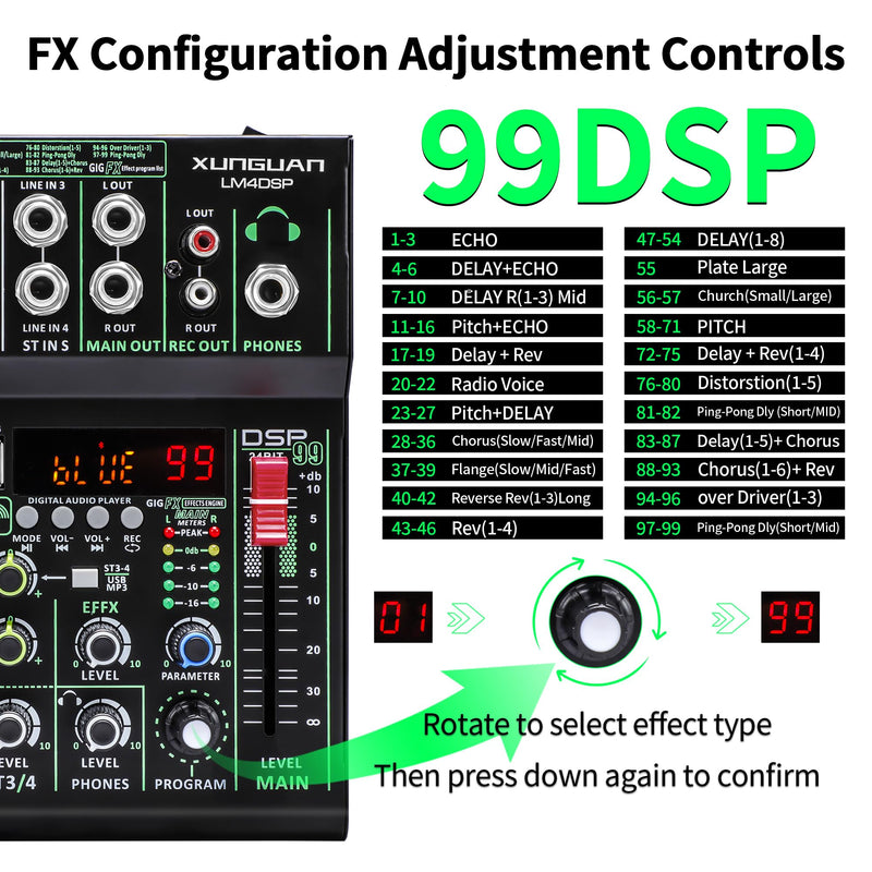 LM4DSP Audio Mixer 4 Channel,99 DSP metal body Sound Board Mixing Console with USB Bluetooth Echo Delay Effect,48V Power for Professional for Recording,Live Streaming,Podcasting DJ Music Application LM4DSP