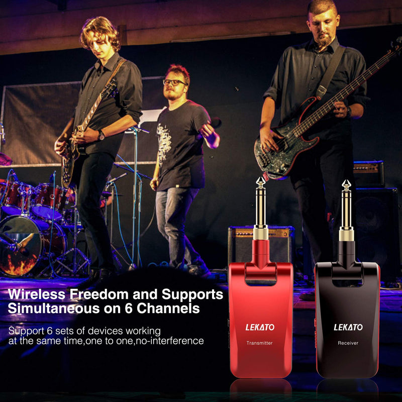 LEKATO 2.4GHz Wireless Guitar System - 6 Channels Rechargeable Wireless Transmitter & Receiver for Guitar & Bass, Stereo & Mono 1/4' & 1/8' 2 in 1 Plugs (Black & Red)