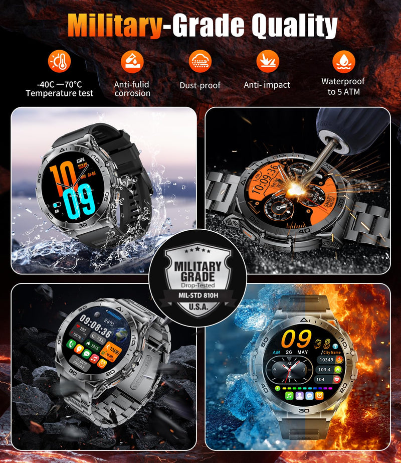 LIGE Military Smart Watch for Men, 1.6'' AMOLED Rugged Smart Watch with 600mAh Battery/Heart Rate/Blood Pressure/Sleep Monitor,IP68 Waterproof Fitness Tracker Watch for Android iPhone Gery Gray
