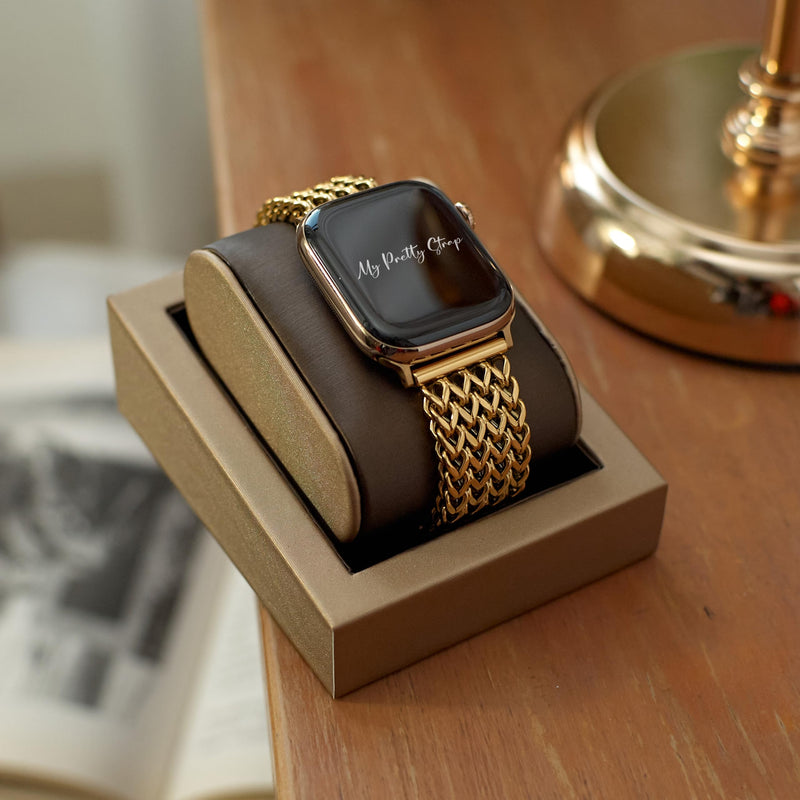 My Pretty Strap Gold Apple Watch Band & Glossy XOXO Protective Case Bundle – Elegant Stainless Steel Strap & Luxury Metal Cover for Apple Watch Series 1-11, SE & Ultra (40MM) Mermaid