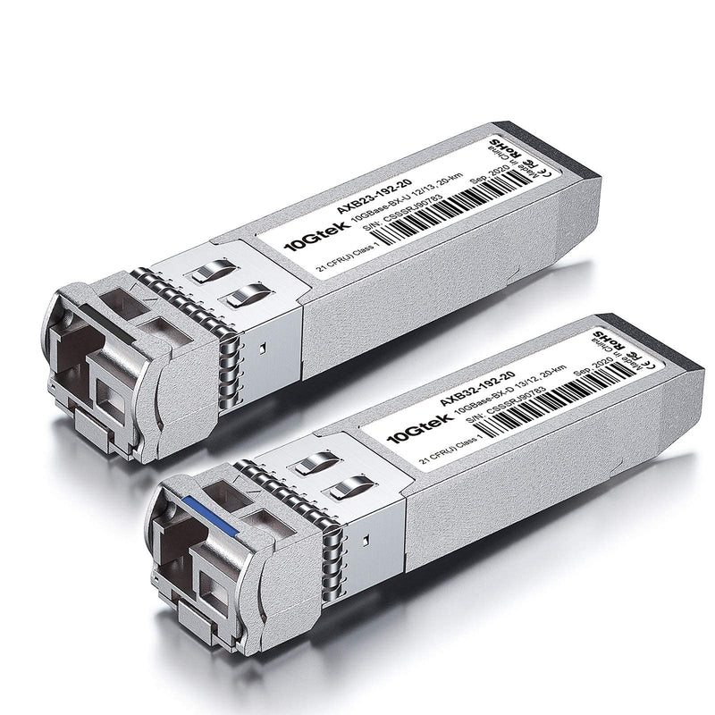 10Gtek a Pair of 10Gb SFP+ Bidi Transceiver, 10GBase-BIDI 1270nm/1330nm SMF, up to 20km, Compatible with Cisco SFP-10G-BXD-I/SFP-10G-BXU-I, Ubiquiti UniFi, Mikrotik, Netgear, Open Switch 10GBase-LR BIDI: 20km 2