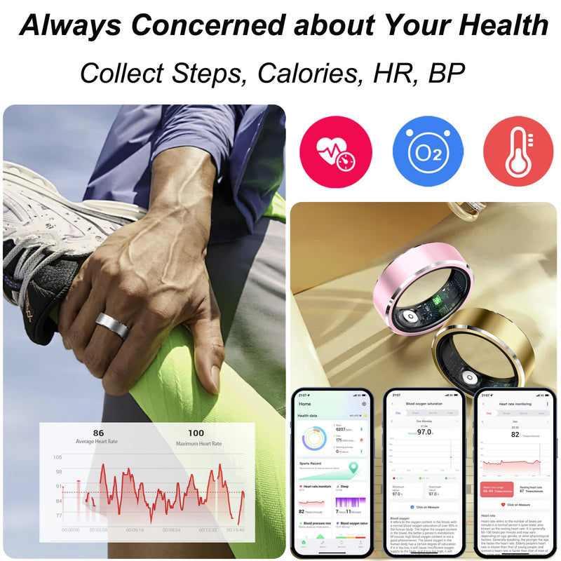 Smart Ring Fitness Tracker Heart Rate Monitor Sleep Tracker Gesture Control Fitness Rings Blood Pressure Pedometer Calories Step Counter Waterproof Health Smart Rings for Women Men with Charging Case #10 Gold