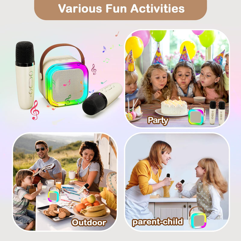 [AUSTRALIA] - Portable Karaoke Machine with 2 Wireless Microphone, Mini Portable Bluetooth Speaker with Wireless Microphone, Gifts for Kids Age 4-12, Boys, Girls, Adults, Party, Home KTV, Outdoor, Travel (Beige) Beige 