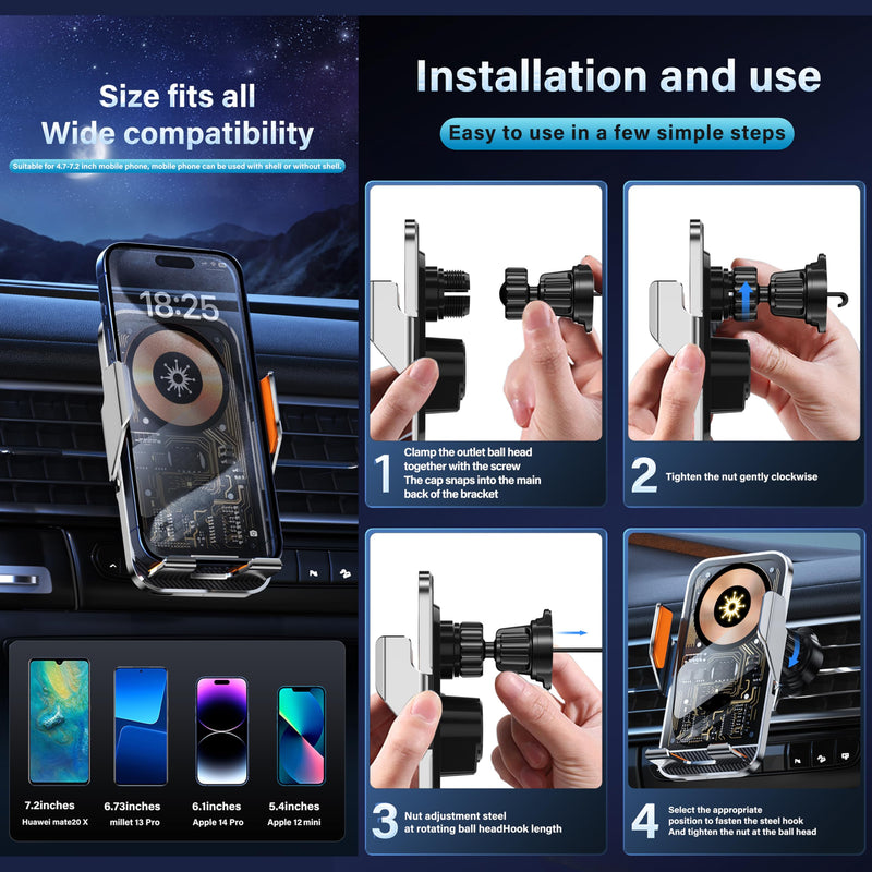 Wireless Car Phone Mount, 15W Fast Charging Car Phone Holder Charger Auto-Clamping 360 Dgrees Rotation Adjustable Air Vent Phone Mount Car Charger with luminous Logo for iPhone 16 15 14 13 S24 S23 S22 Black