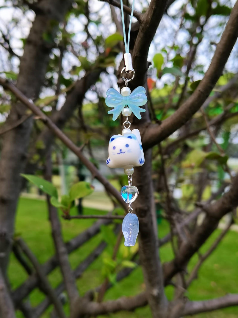 Cute Lazy Cat Phone Charm Bow Flower Fish Butterfly Beaded Aesthetic Keychain Charm Phone Charm Accessories pink