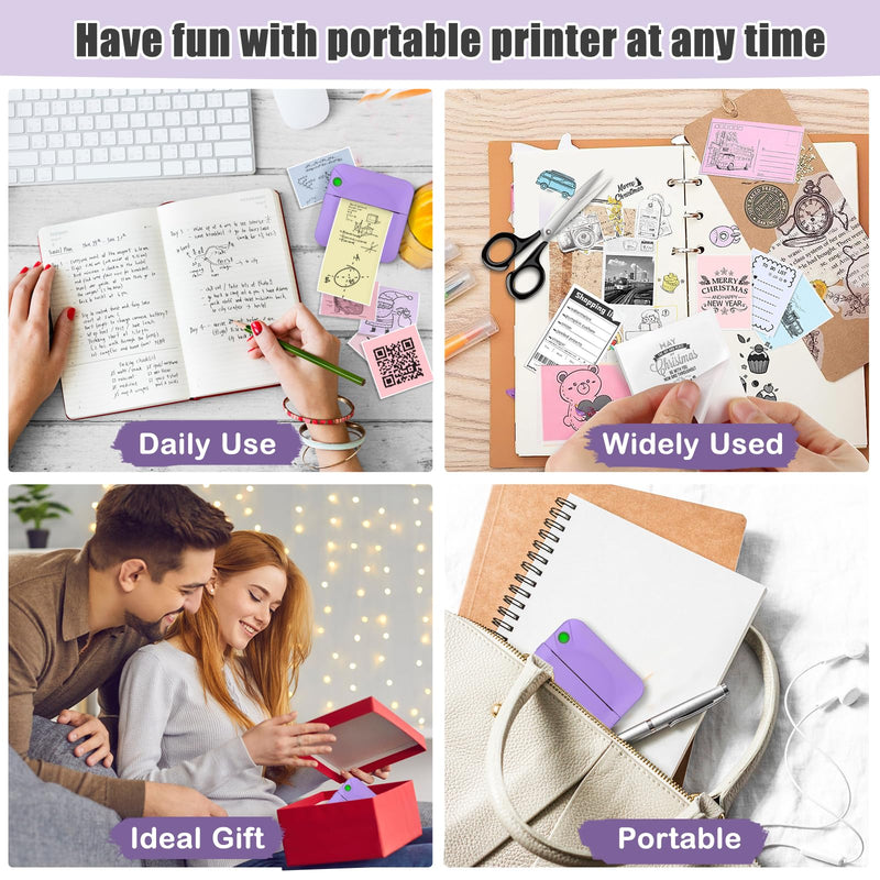 Mini Sticker Printer,Mini Pocket Thermal Printer with 11 Rolls Paper,Bluetooth Inkless Printer Compatible with Android & iOS,Portable Receipt Printer for Photo,Journal,Memo,Travel,Purple Purple