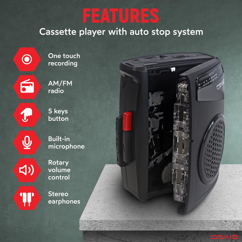 [AUSTRALIA] - Craig Stereo Cassette Player/Recorder with Earphones: Portable AM/FM Radio & One-Touch Recording System 