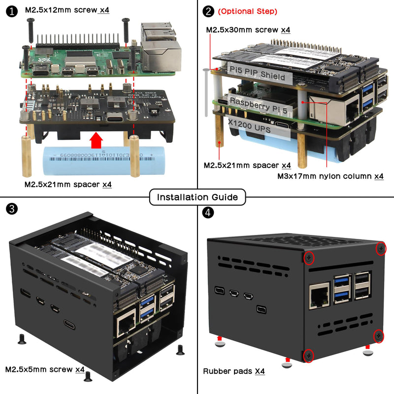 Geekworm X1200-C1 Metal Case for Raspberry Pi 5 and X1200 UPS | Compatible with Active Cooler & Top PCIe to M.2 NVMe SSD HAT