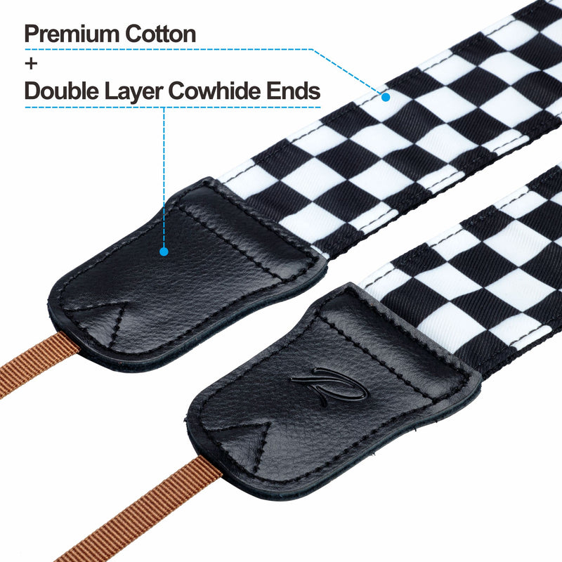 Padwa Lifestyle Black and White Plaid Camera Strap - 2" Wide Double Layer Cowhide Head,Cotton Camera Shoulder Straps,Grid Pattern Adjustable Camera Neck Strap for all Cameras,Gift for Photographers K# - Black and White Plaid
