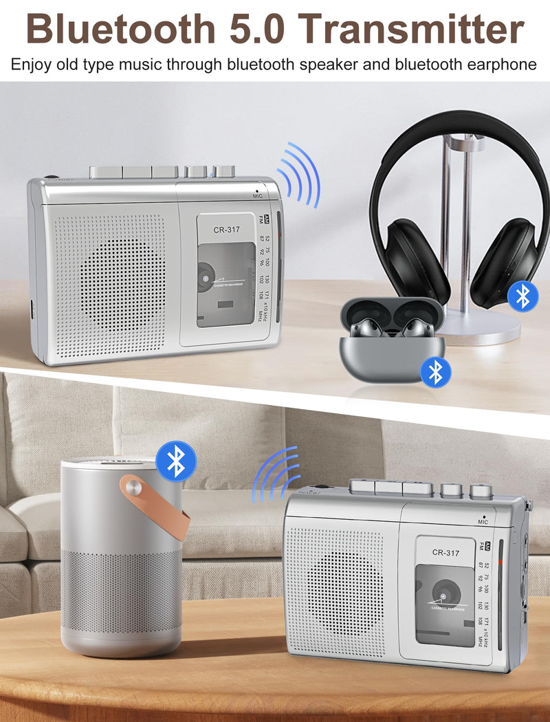 Cassette Player Recorder with Bluetooth Transmitter Walkman, Portable AM FM Cassette Player with Big Speaker, Stereo Earphone Jack, Support Microphone Recording, 2AA Battery or USB Power for Home Silver