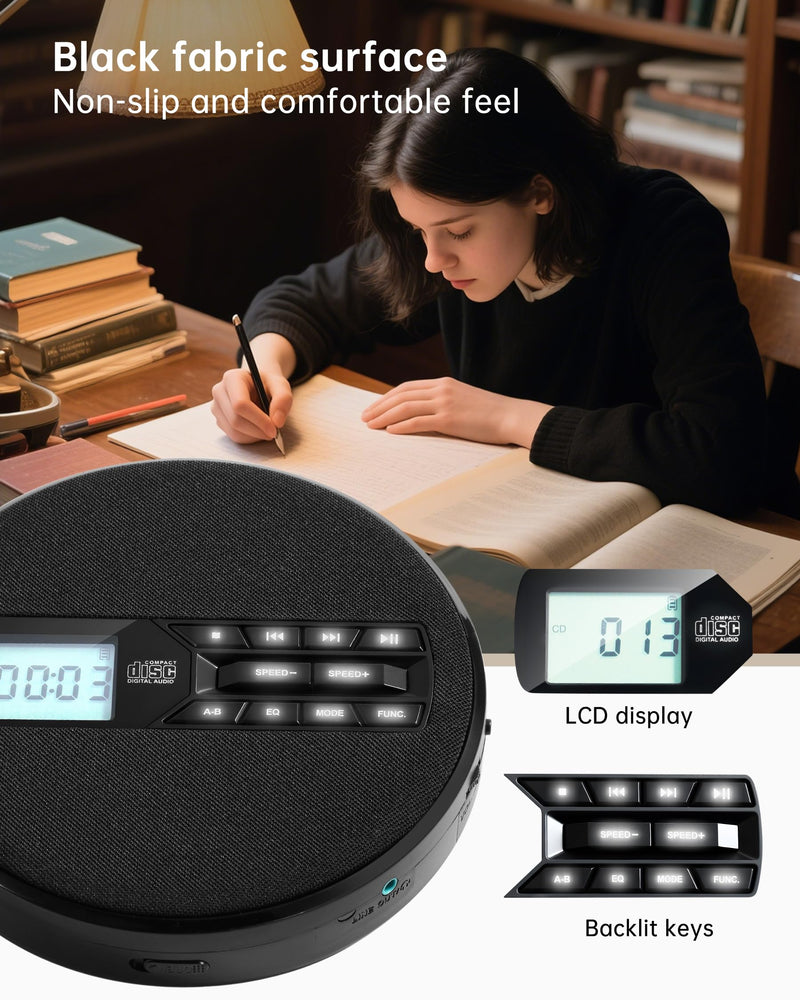 [AUSTRALIA] - CD Player Portable with Speakers - Rechargeable Personal CD Player for Car and Home, Small Fabric Music Player with Backlit Display, Anti-Skip, AUX/USB Port - Ideal for Audiobooks & Gifts Black 
