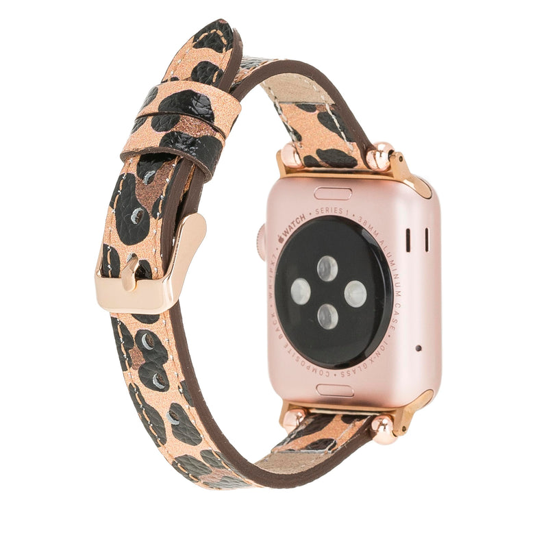 Handmade Leather Watch Band for Apple Watch Series 10-1, Ultra, Sport Compatible with 38 40 41mm Apple Watch Bands for Women & Men Medium Size, Leopard Print w/Gold Connector&Clasp Leopard Print w/Rose Gold Connector&Clasp 41 40 41mm