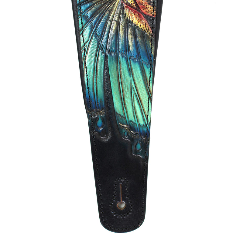 Walker And Williams KB-57 Handmade Large Vivid Blue Butterfly Padded Guitar Strap Hand Carved On Premium Black Carving Leather For Acoustic, Electric, And Bass Guitars