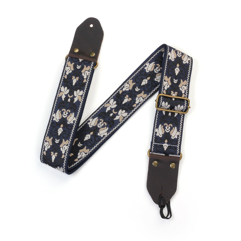 Guitar Strap,Jacquard Embroidery Cotton Guitar Straps with Crazy Horse Leather Ends for Bass, Electric & Acoustic Blue