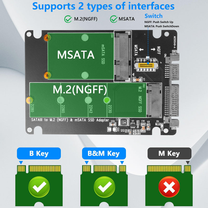 CERRXIAN M.2 NGFF SSD & MSATA SSD to 2.5" SATA III Converter Adapter 2 in 1 B Key/B&M Key M.2 NGFF mSATA SSD Hard Drive to SATA3.0 Enclosure Adapter Not for M Key