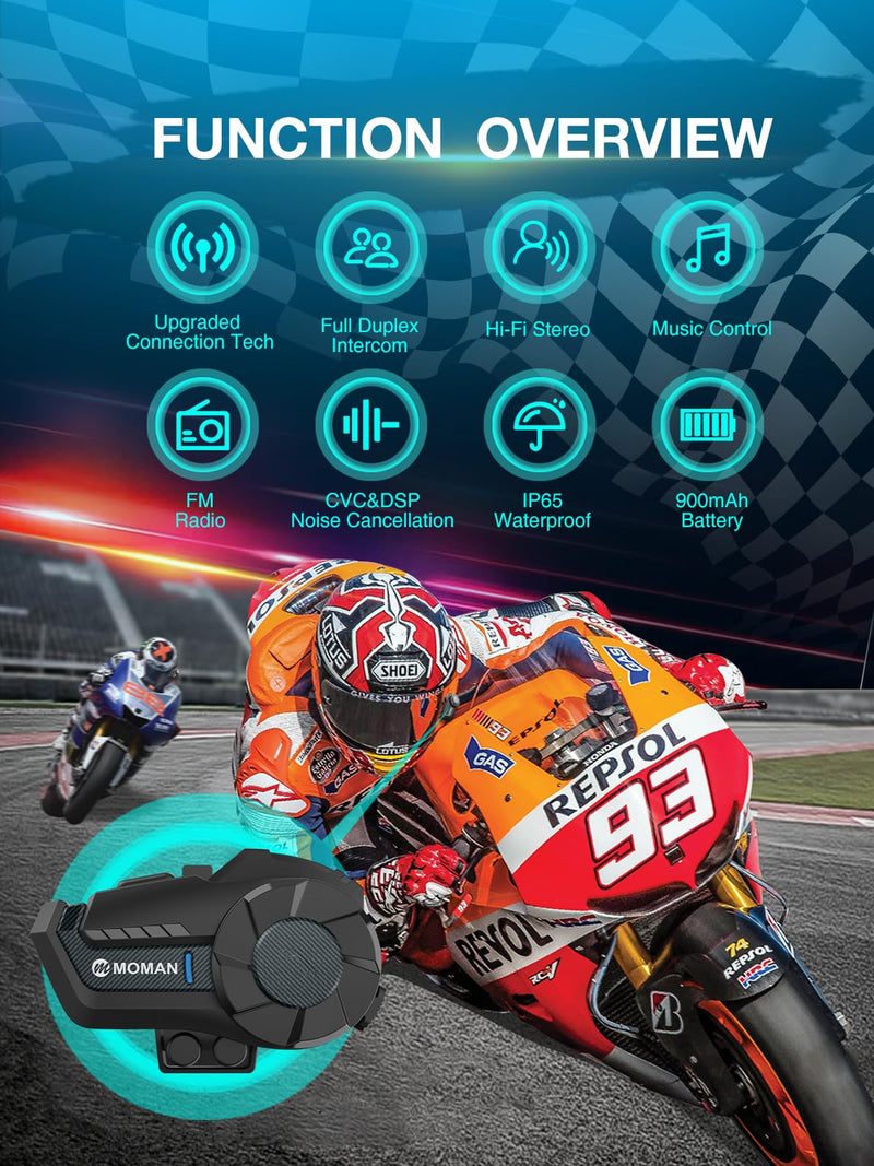Moman Motorcycle Intercom, 2-Way Intercom Communication Systems(H2Pro 1pcs) | FM Music Sharing, Hi-Fi Stereo, CVC Noise Cancellation, Waterproof BT5.1 Group Helmet Speaker Headset, for Dirt Bike/ATV 1 Pcs