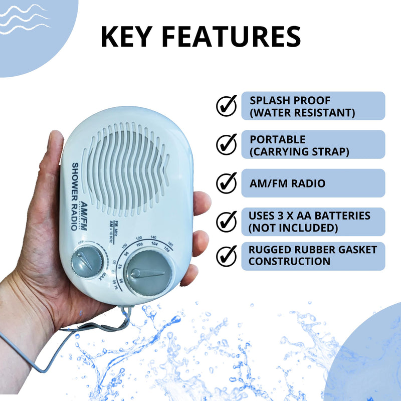 Shower Radio - Includes Carrying or Hanging Strap. Portable Design Perfect for Bathroom, Kitchen, and Outdoor. Built in Speaker, Battery Operated Radio SR