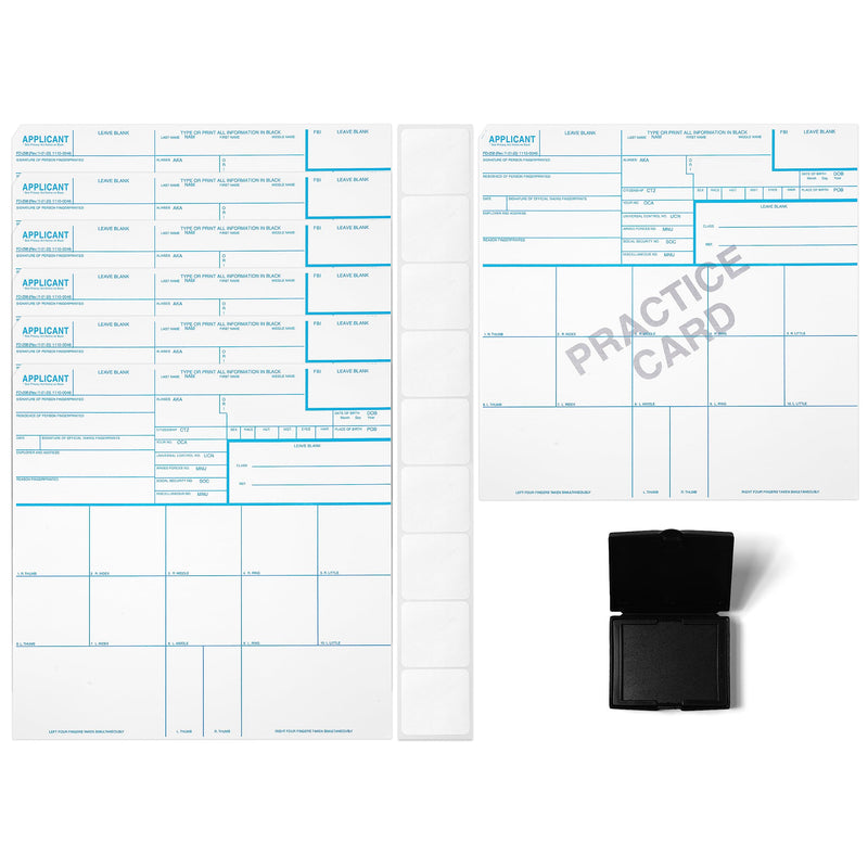 Made in USA - FD 258 Fingerprint Card 2025 Kit Full (6 Cards + 1 Practice Card) w/Reusable Ink Pad, Correction Tabs, Instructions FD258